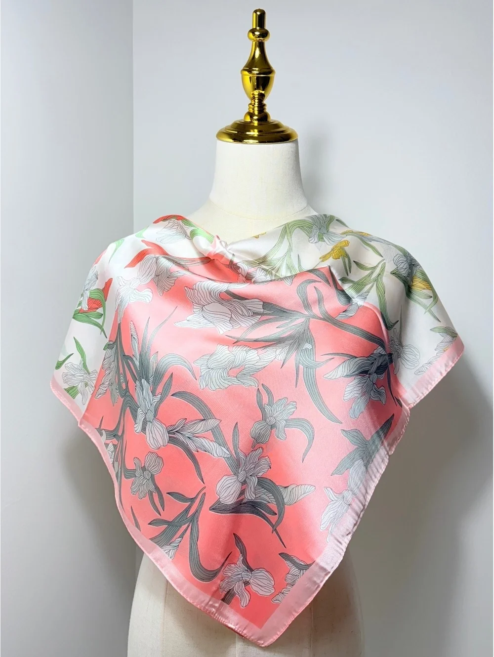 Elegant Satin Polyester Floral Scarf in Coral, White, Green, and Yellow